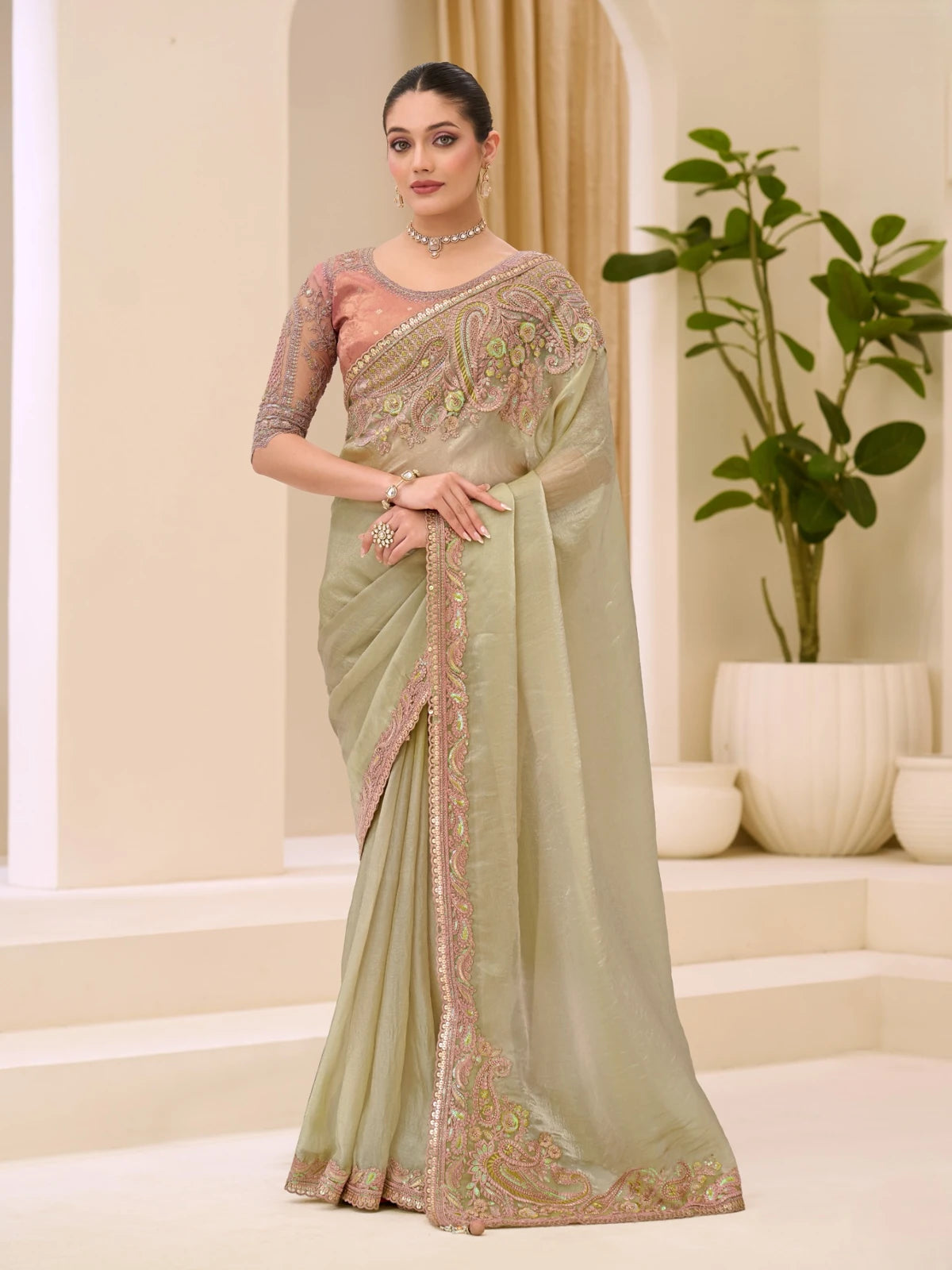 Tarani Kumudini sage green Sunsilk tissue saree full view with embroidered border and brocade zari blouse