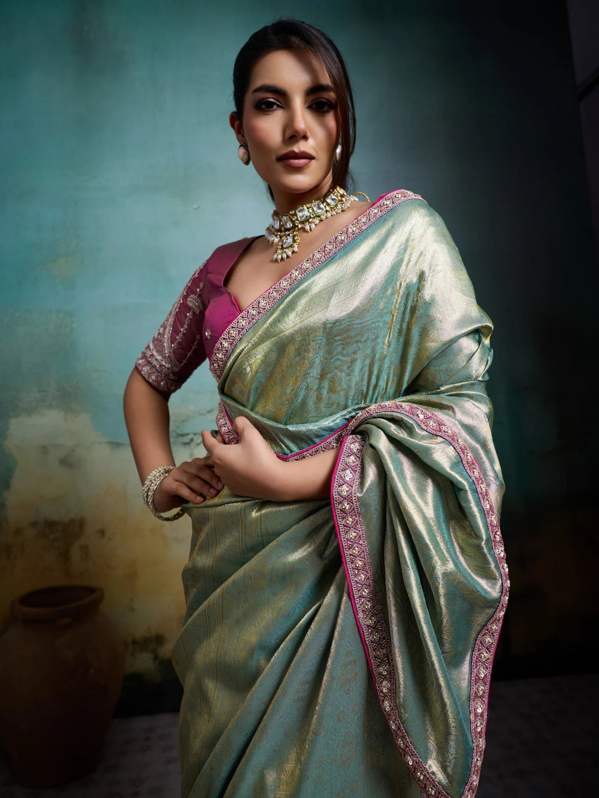 Tarani self woven tissue Banarasi saree upper body view with handwork blouse