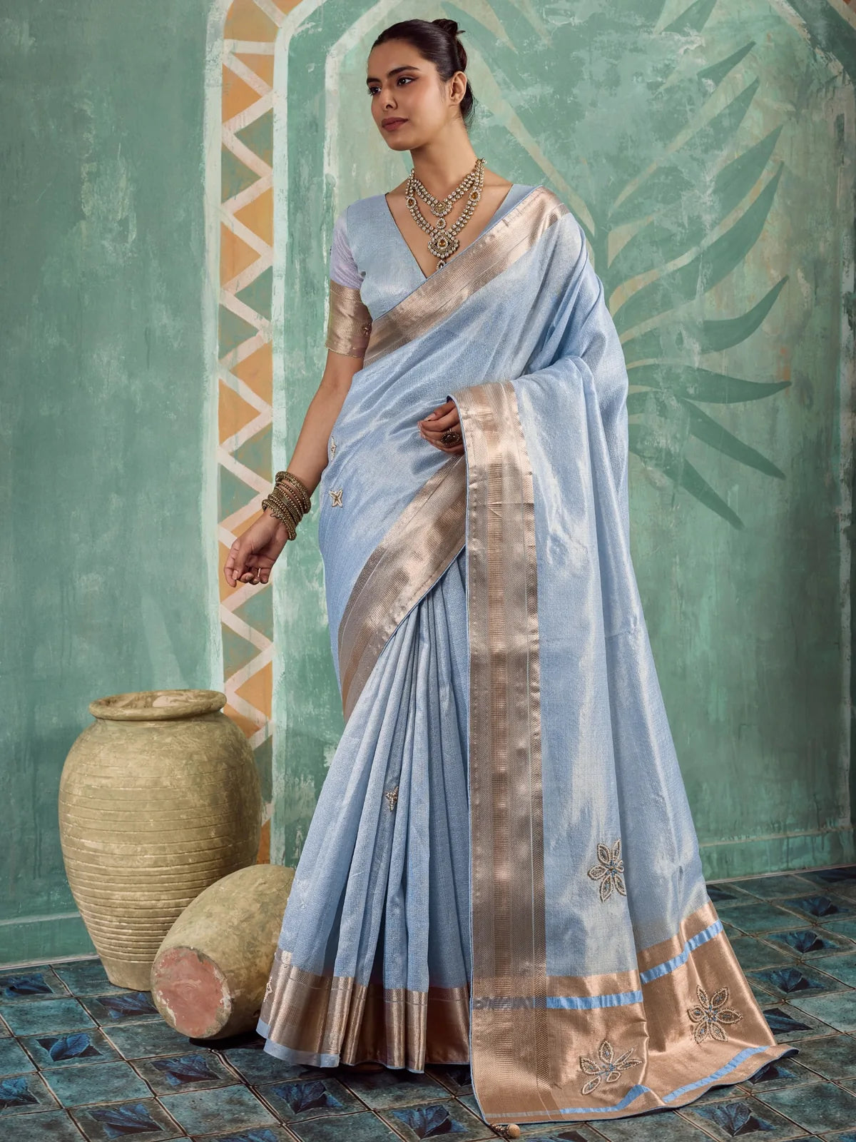 Tarani Maitri blue tissue cotton saree full view with handwork buttas and metallic border