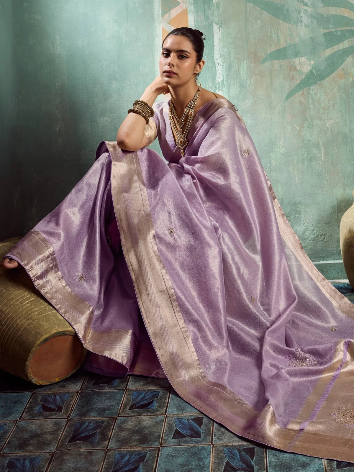 Tarani Bandita lavender tissue cotton saree front view with shimmering drape and detailed border