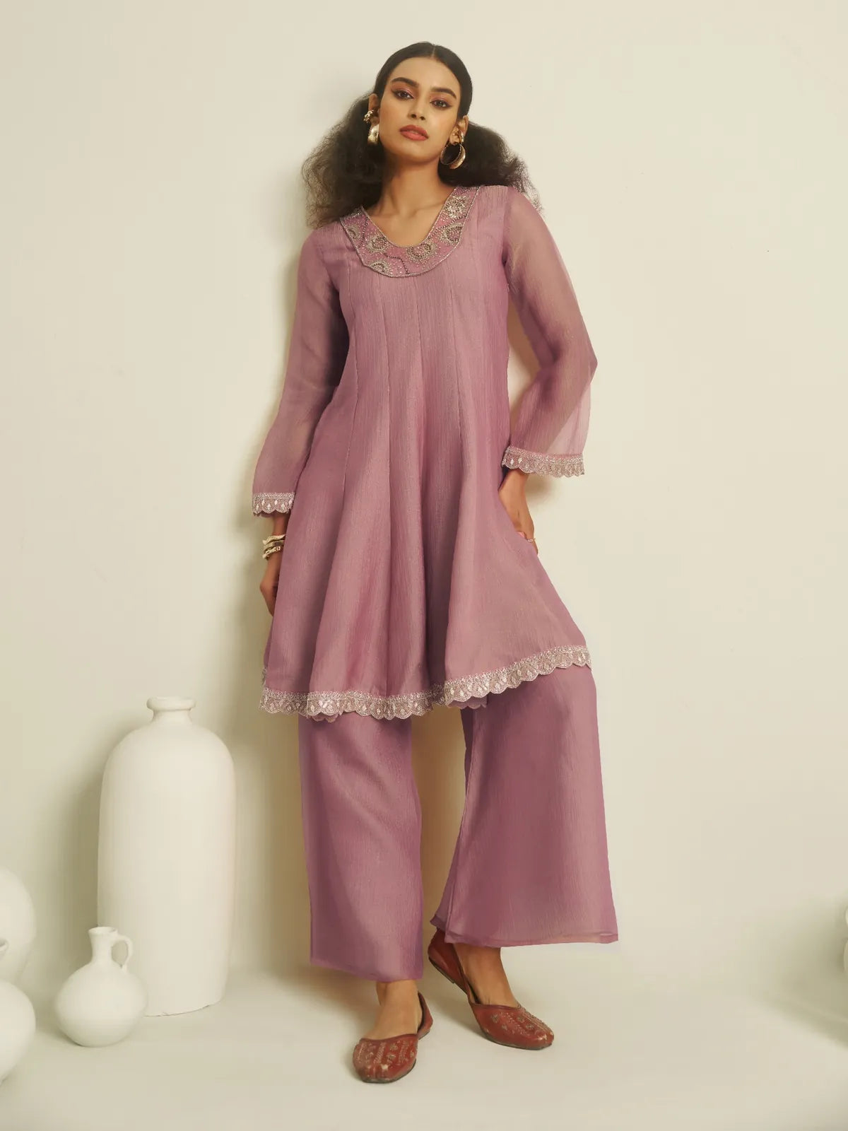 Tarani premium lavender tissue dress with full view showing peplum and palazzo