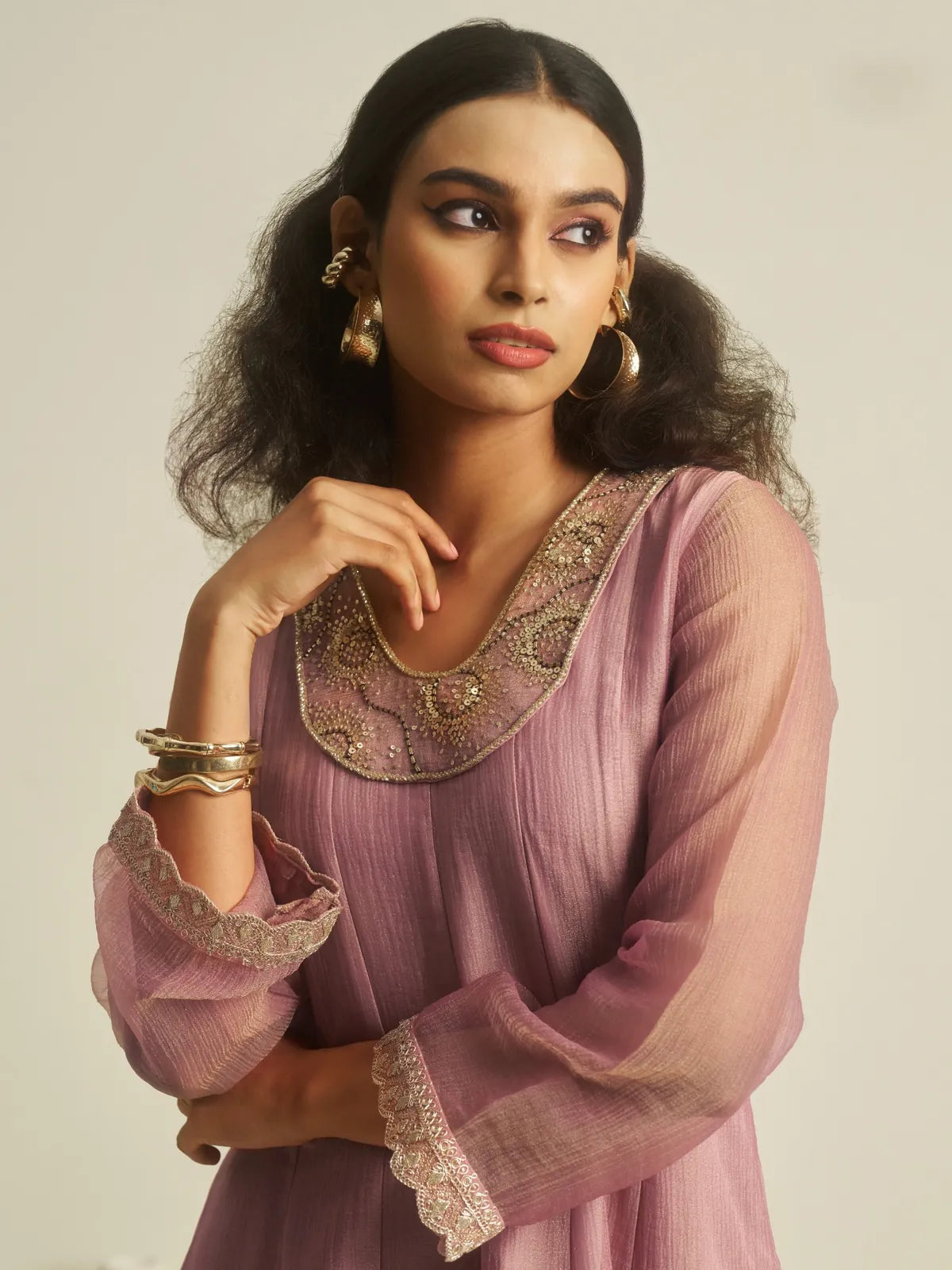 Tarani lavender tissue dress with close-up on embroidered neckline and sleeves