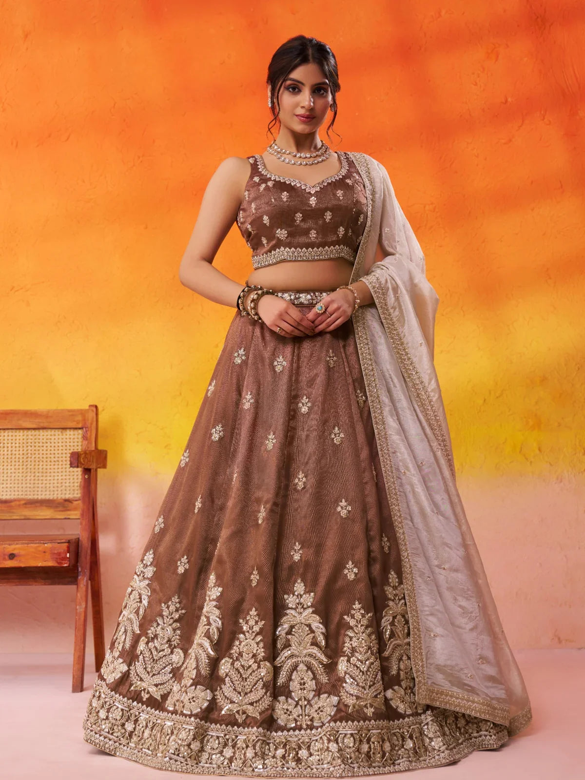 Tarani brown tissue lehenga full view with sequins embroidery and beige dupatta