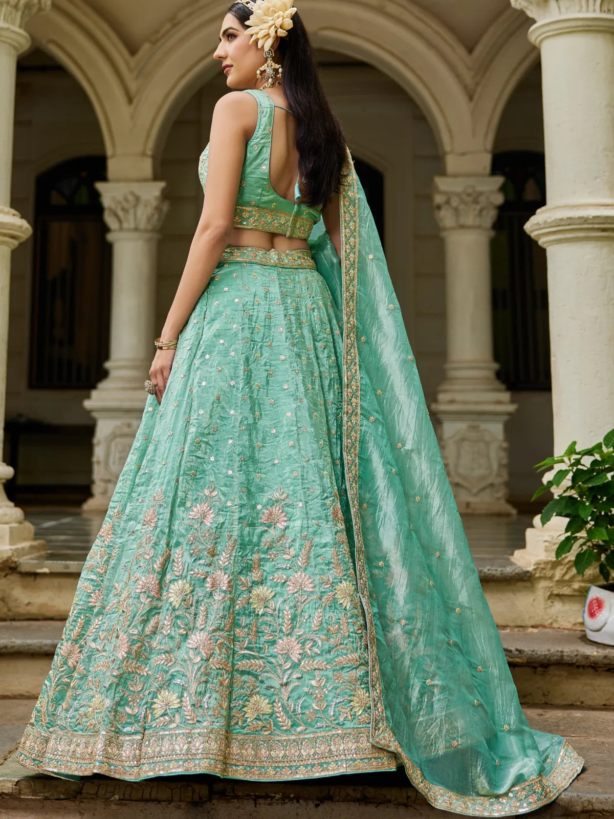 Tarani sea green tissue lehenga with dupatta and embroidery back view