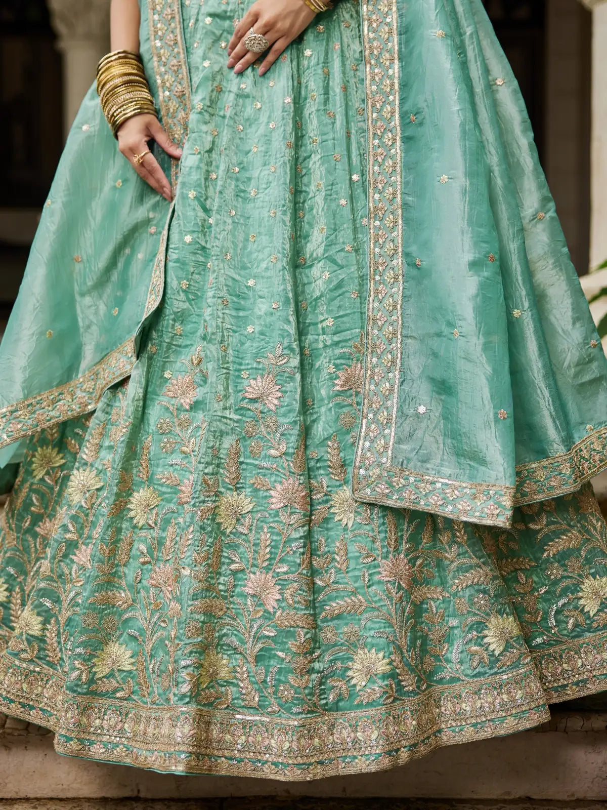 Tarani sea green tissue lehenga detailed embroidery closeup view
