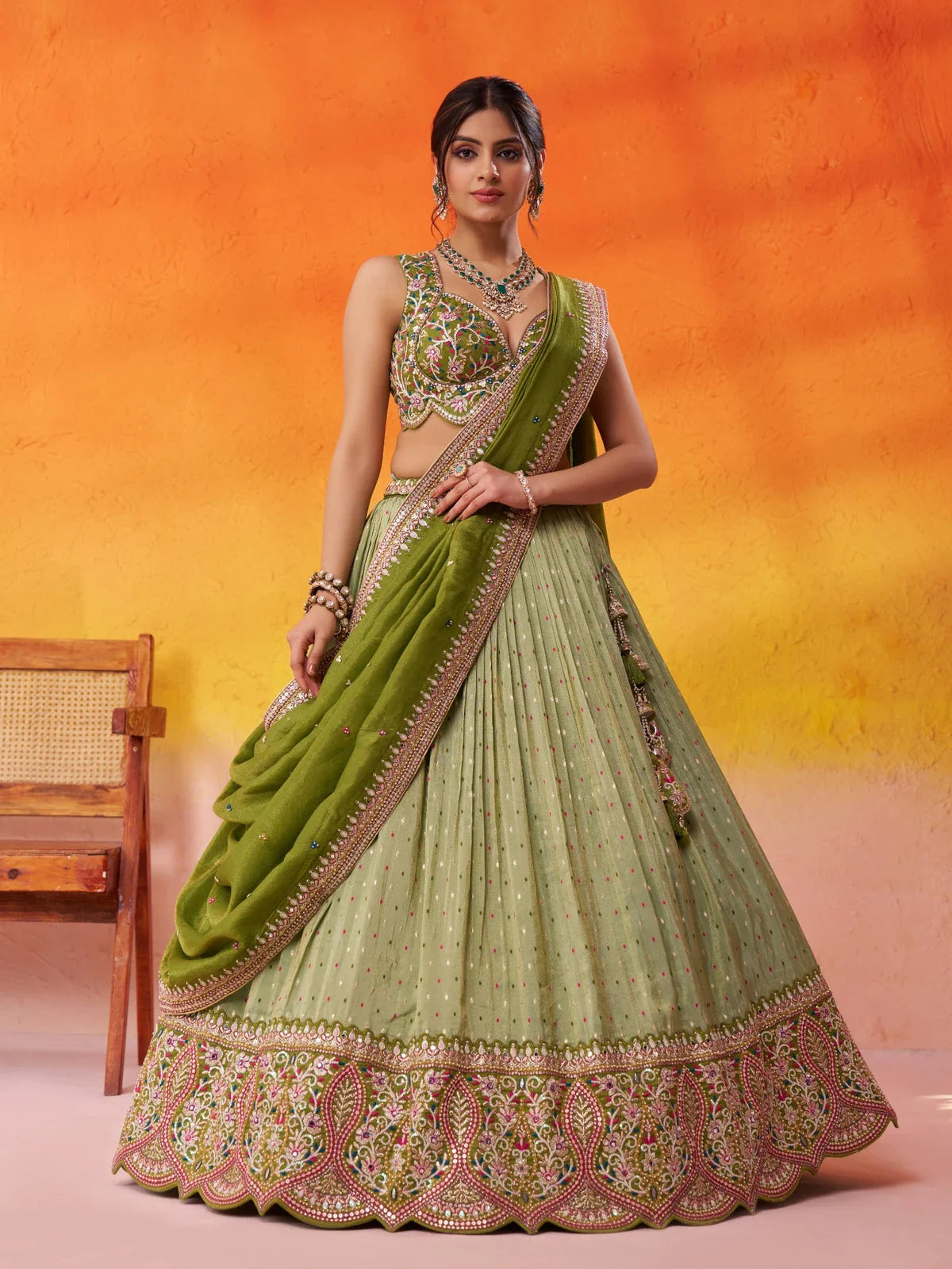 Tarani green jacquard tissue lehenga full view with embroidered blouse and dupatta for weddings and festive wear
