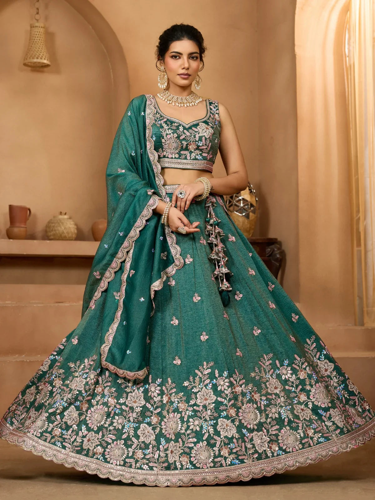 Tarani premium green tissue lehenga full view with sequins embroidery and dupatta
