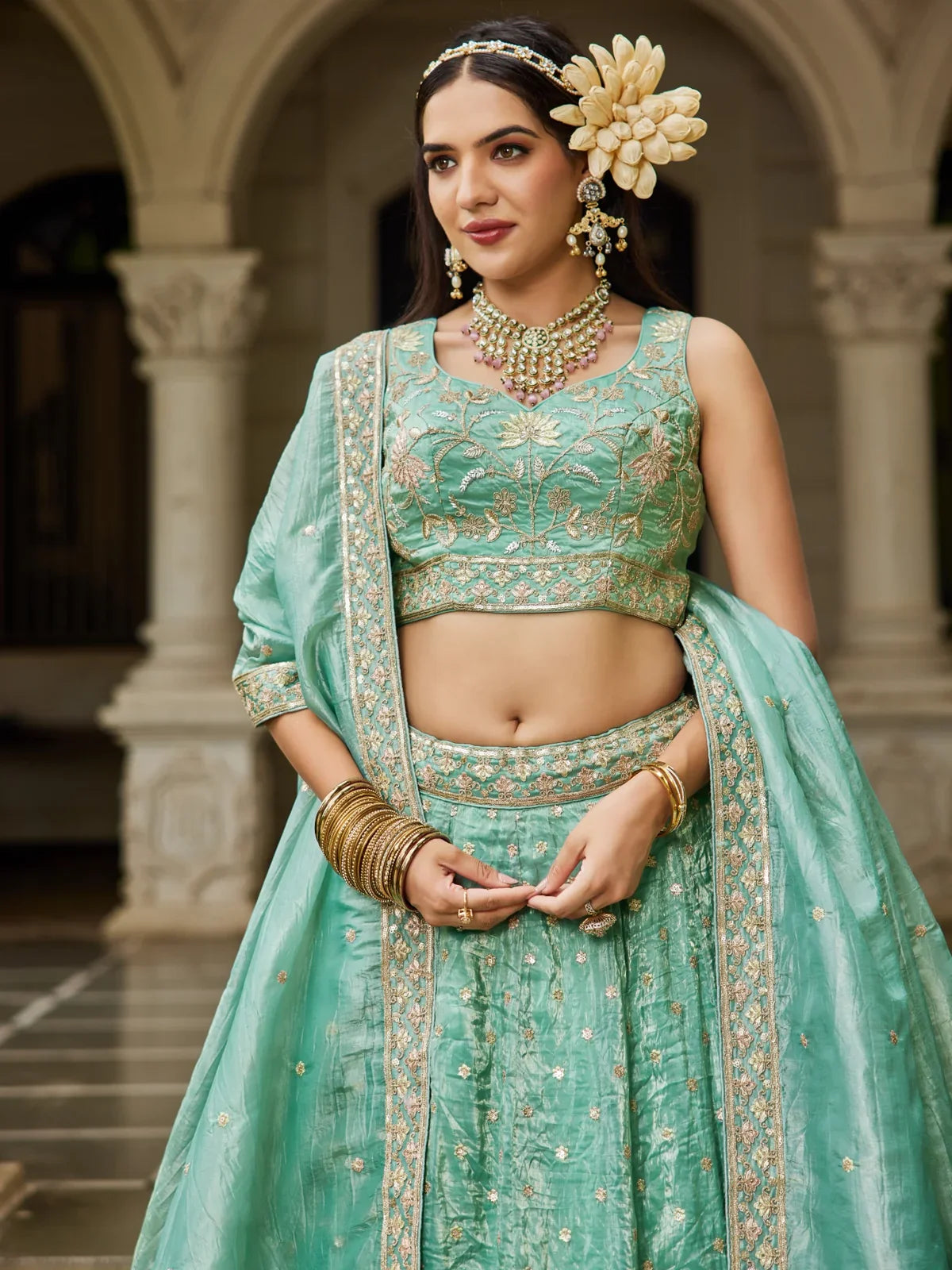 Tarani sea green tissue lehenga with embroidered blouse upper body view