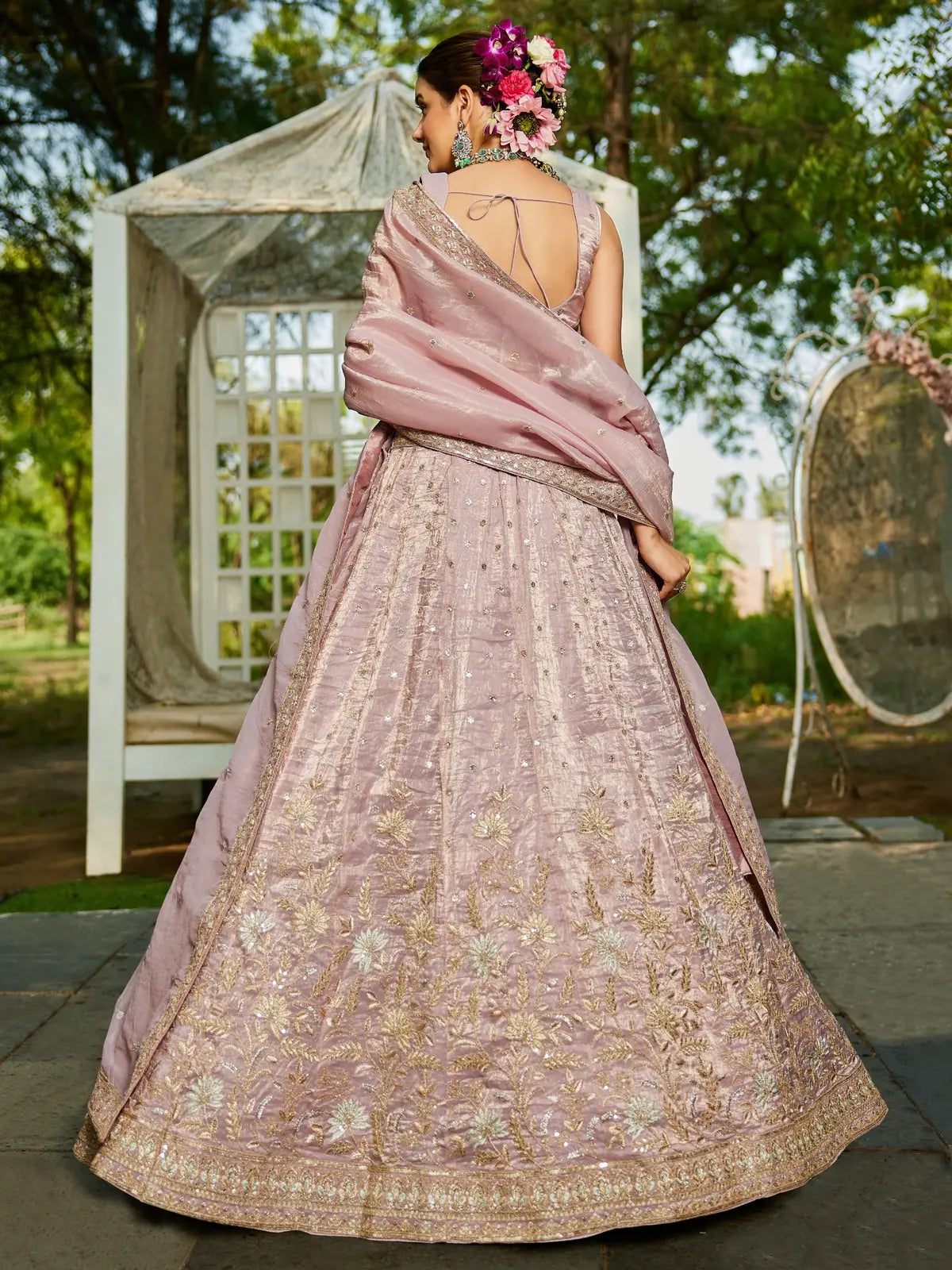 Tarani premium pink tissue lehenga back-view with embroidery and dupatta