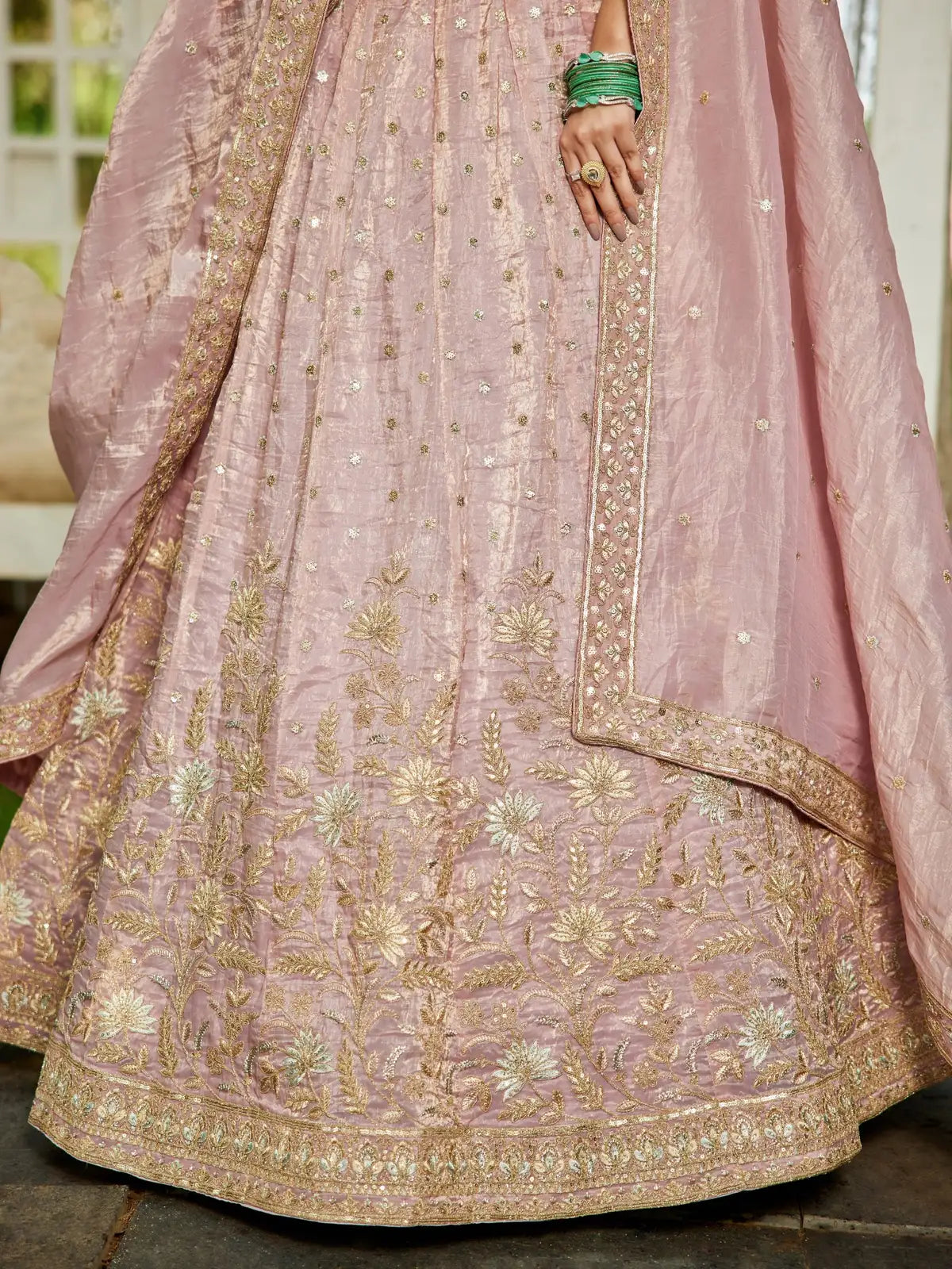 Tarani premium pink tissue lehenga closeup-view with embroidery and dupatta