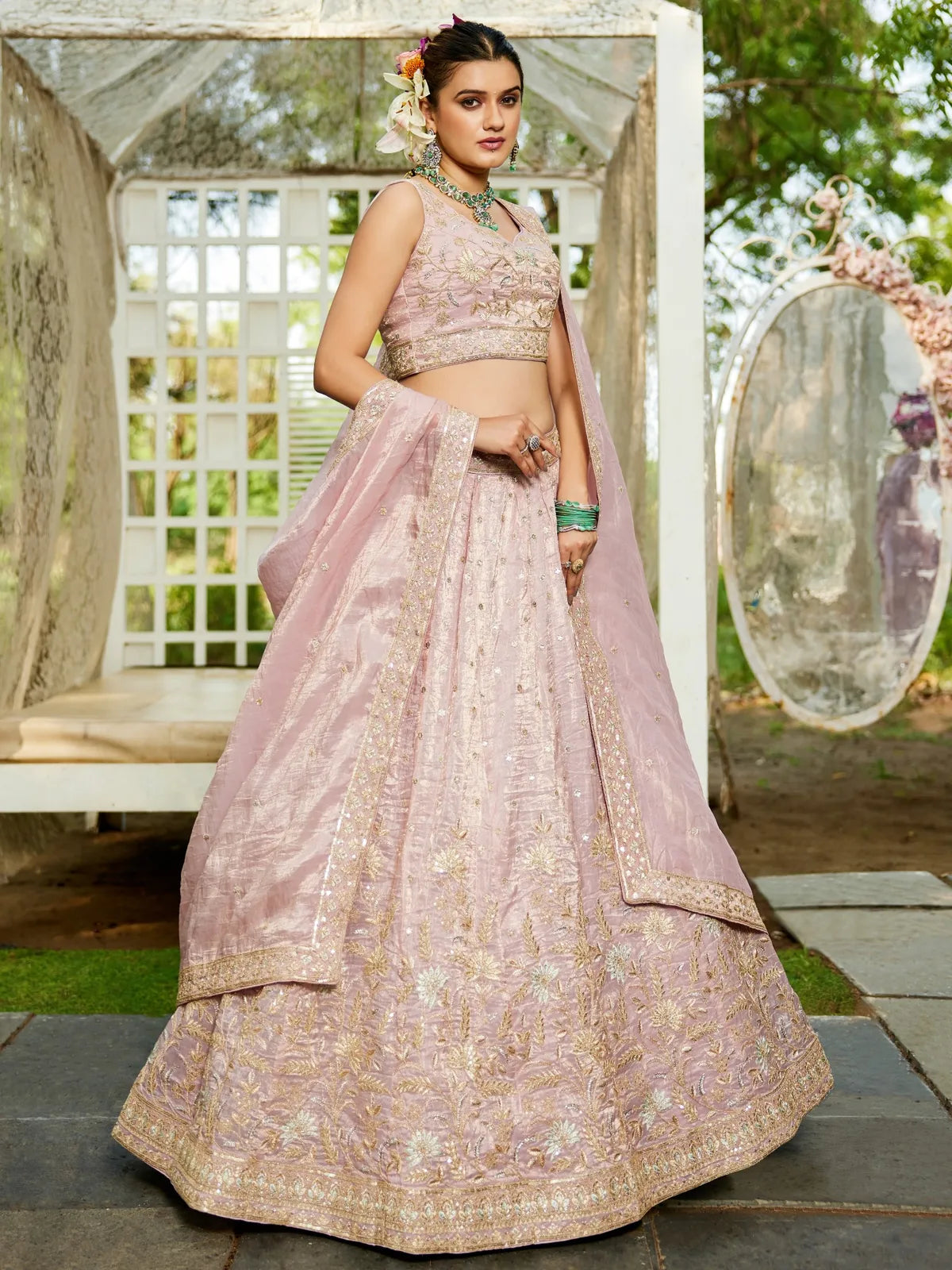 Tarani premium pink tissue lehenga full-view with embroidery and dupatta