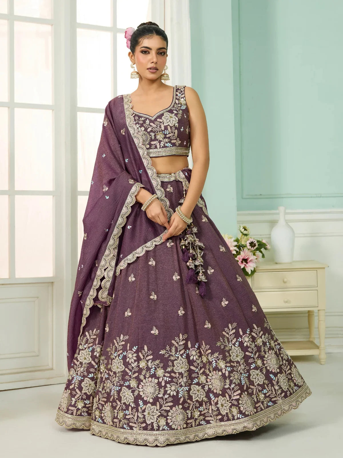 Tarani premium purple tissue lehenga full view with sequin embroidery and dupatta