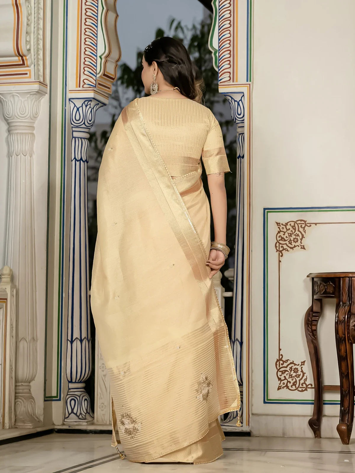 Tarani beige tissue linen saree back view with blouse design