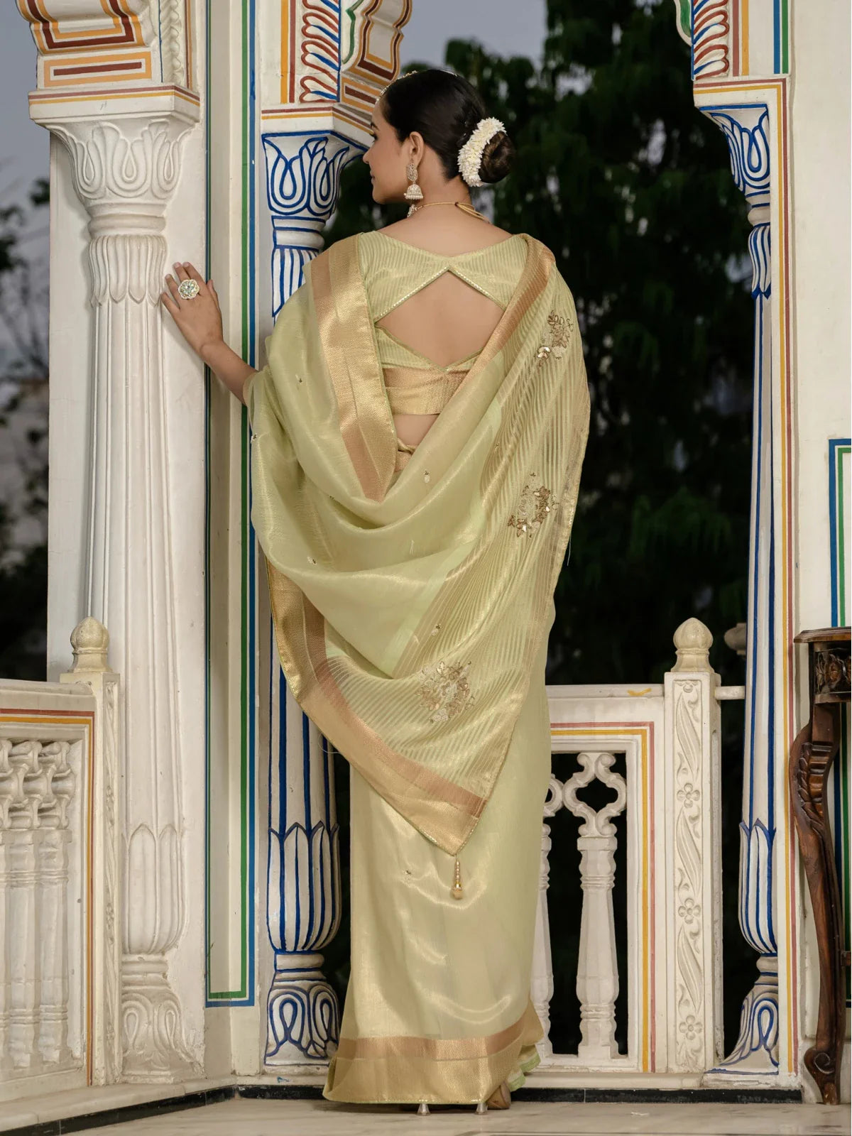 Tarani light green tissue linen saree golden zari patta back view with blouse design