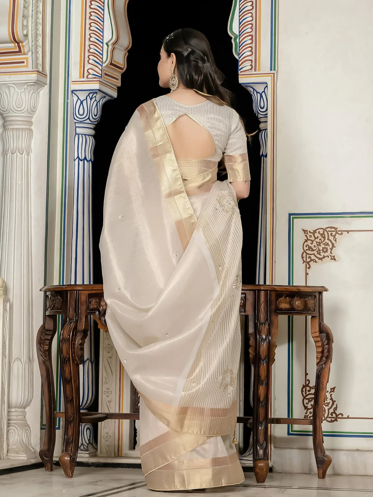 Tarani off white tissue linen saree with zari patta back blouse design view