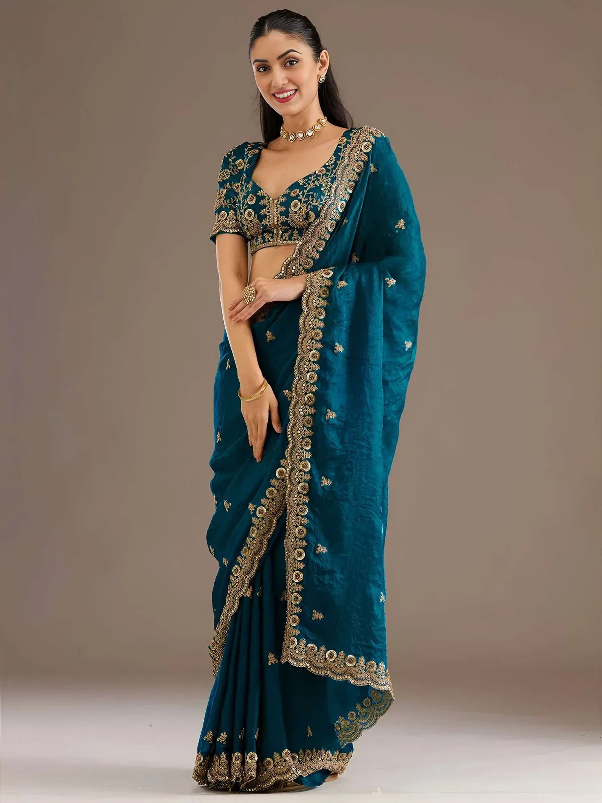 Tarani Charulata Dove Blue tissue saree full view with sequins dori zari embroidery diamond pearl work