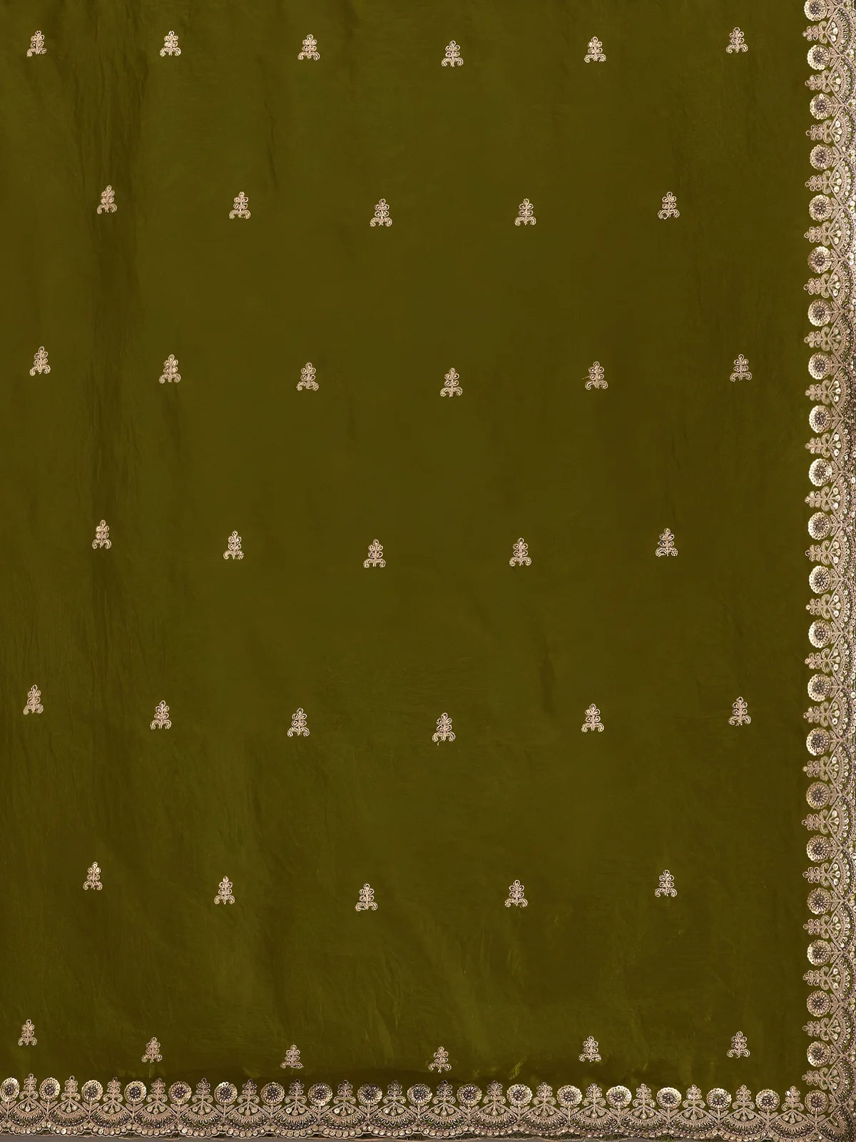 Tarani Pratiksha olive green tissue saree closeup view sequins zari dori embroidery border detail