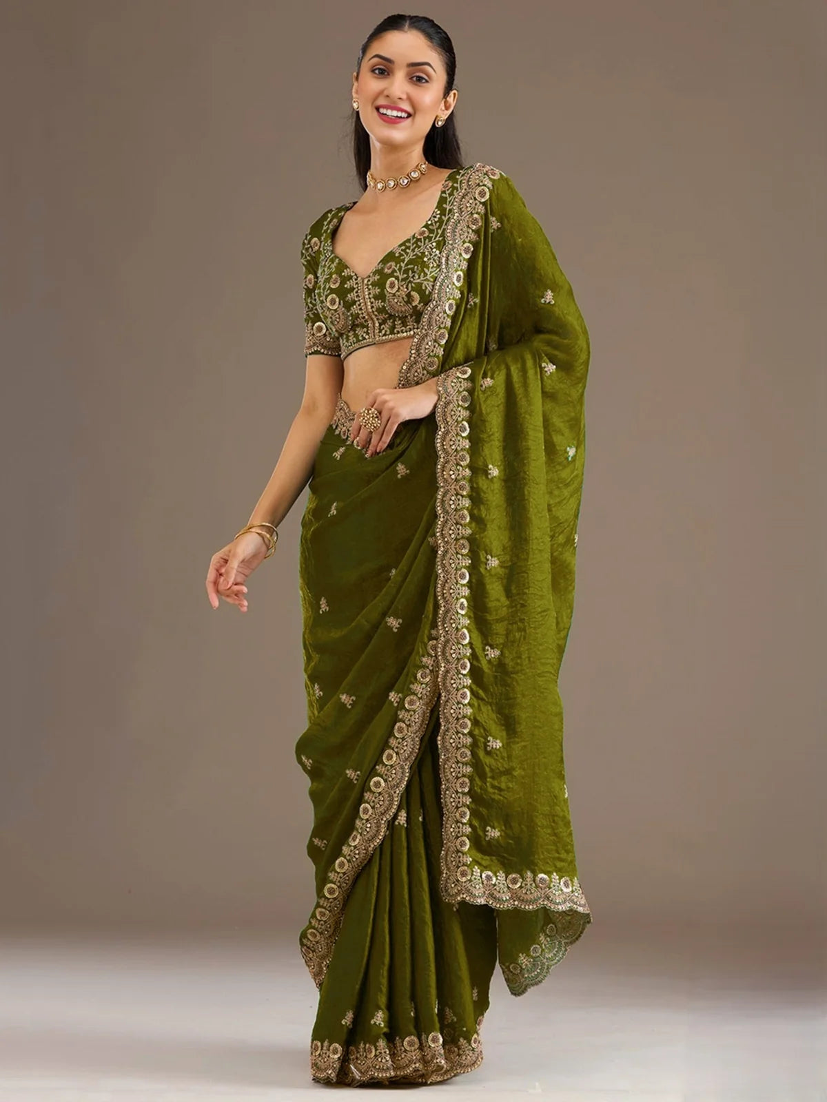 Tarani Pratiksha olive green tissue saree front view designer party wear saree with embroidered border