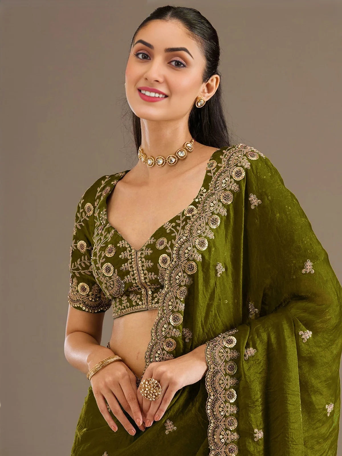 Tarani Pratiksha olive green tissue saree upper body view embroidered blouse and border detailing