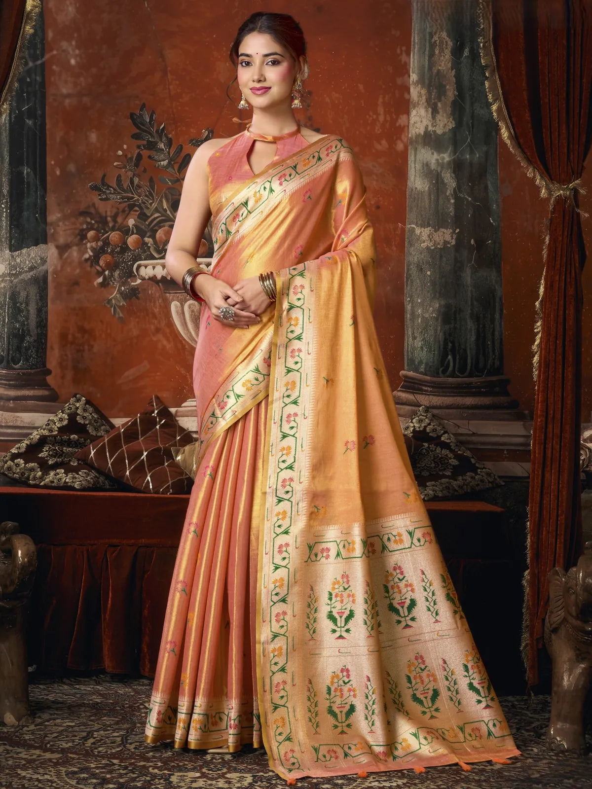 Tarani premium peach tissue silk Paithani saree full view with woven floral pallu and tassels