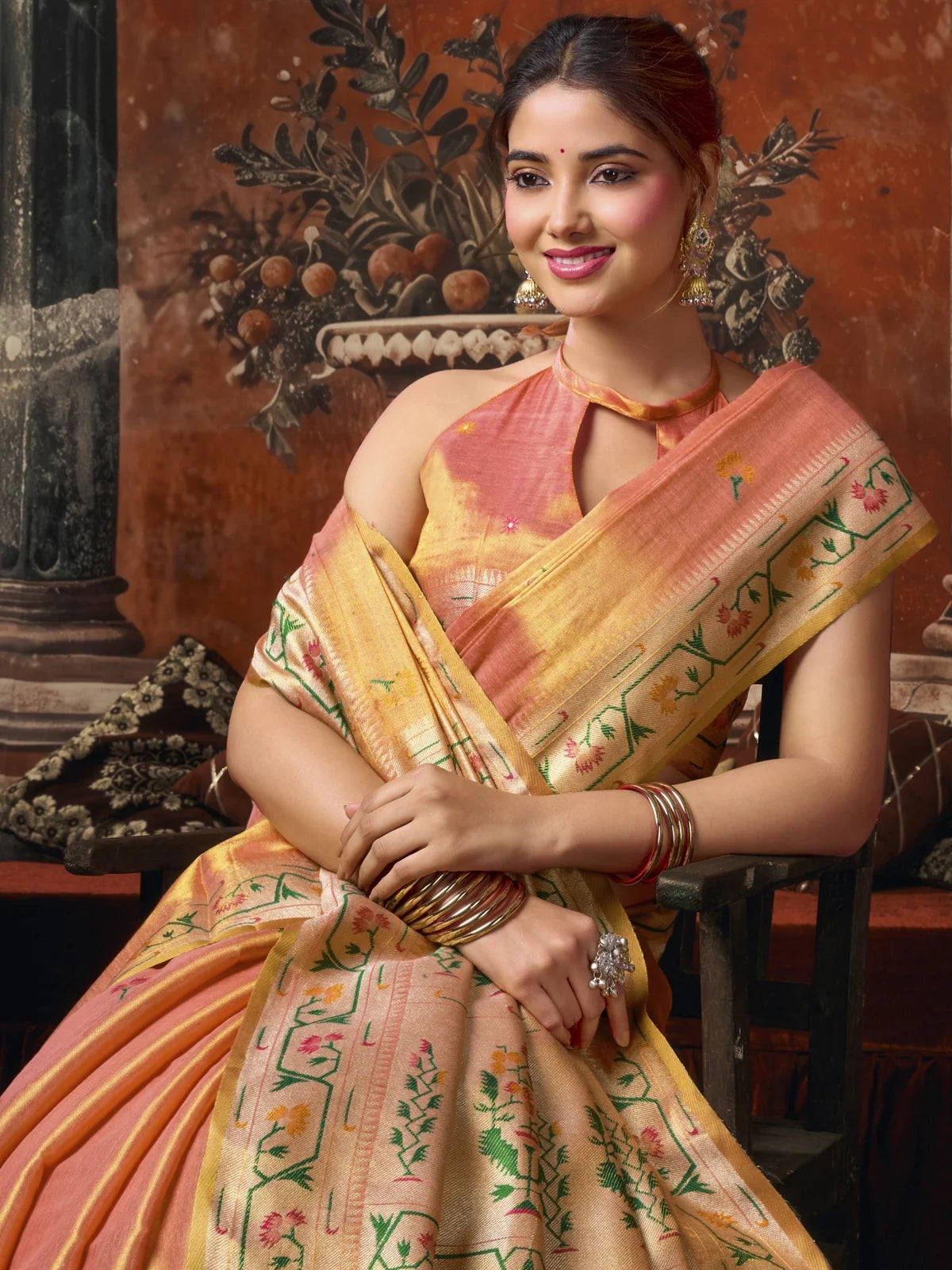 Tarani premium peach tissue silk saree upper body view with Paithani border and blouse