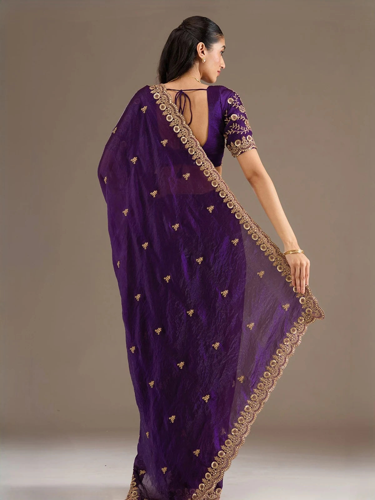 Tarani Sanika purple tissue saree back view showcasing blouse design and pallu border
