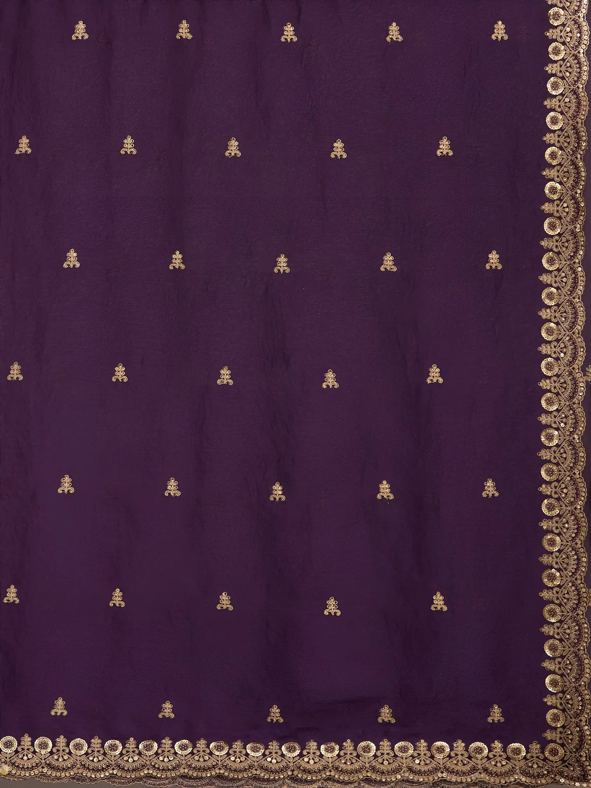 Tarani Sanika purple tissue saree closeup view of embroidery motifs and ornate border