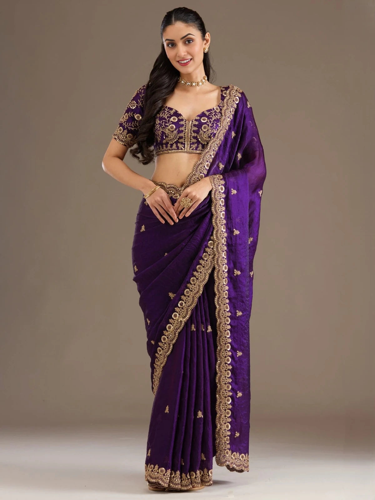 Tarani Sanika purple tissue saree front view with sequins dori zari embroidery work
