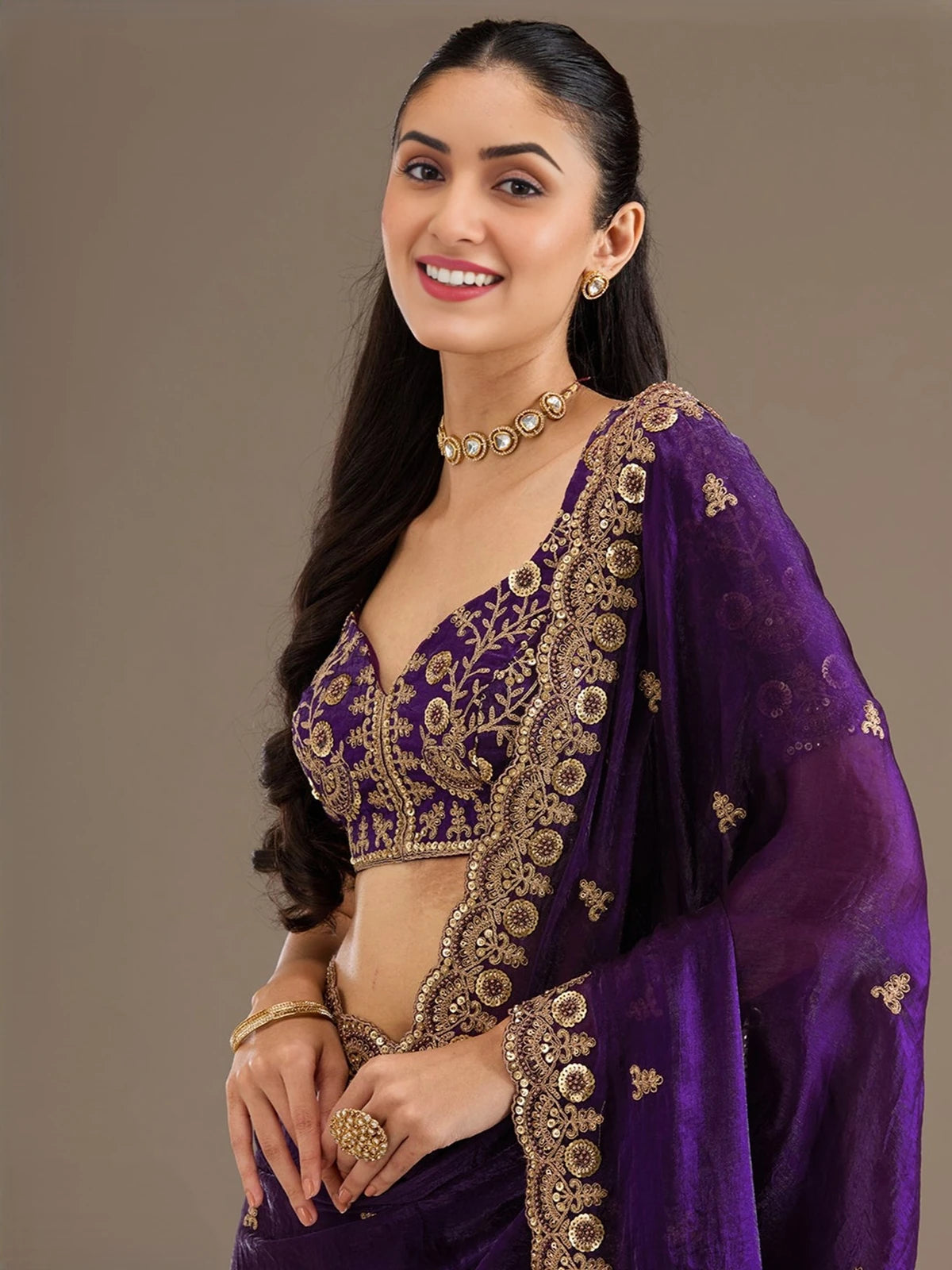 Tarani Sanika purple tissue saree upper body view showing embroidered blouse and border details