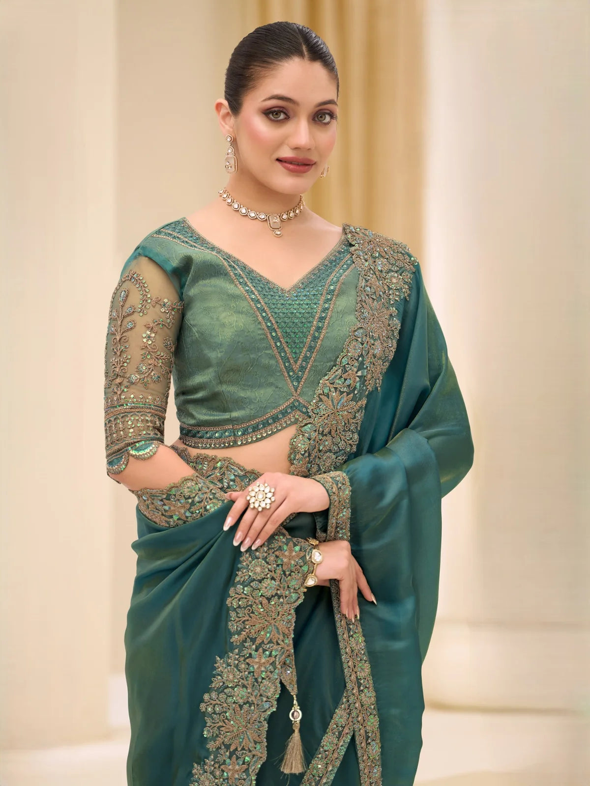 Tarani teal tissue saree front drape with embroidered border detailing Aashika