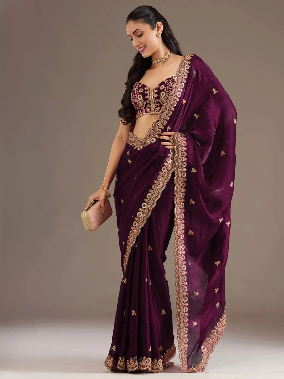 Tarani Avika wine tissue saree side pose with designer border and embroidered blouse detailing
