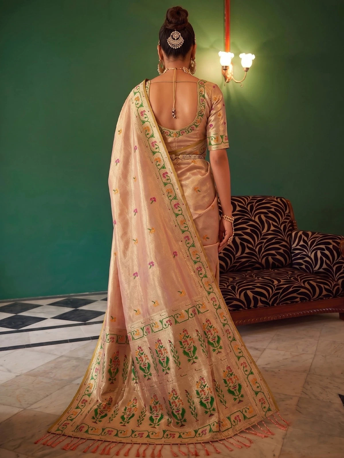 Tarani Kashmira beige tissue silk saree back view with woven blouse, floral border and tasseled pallu