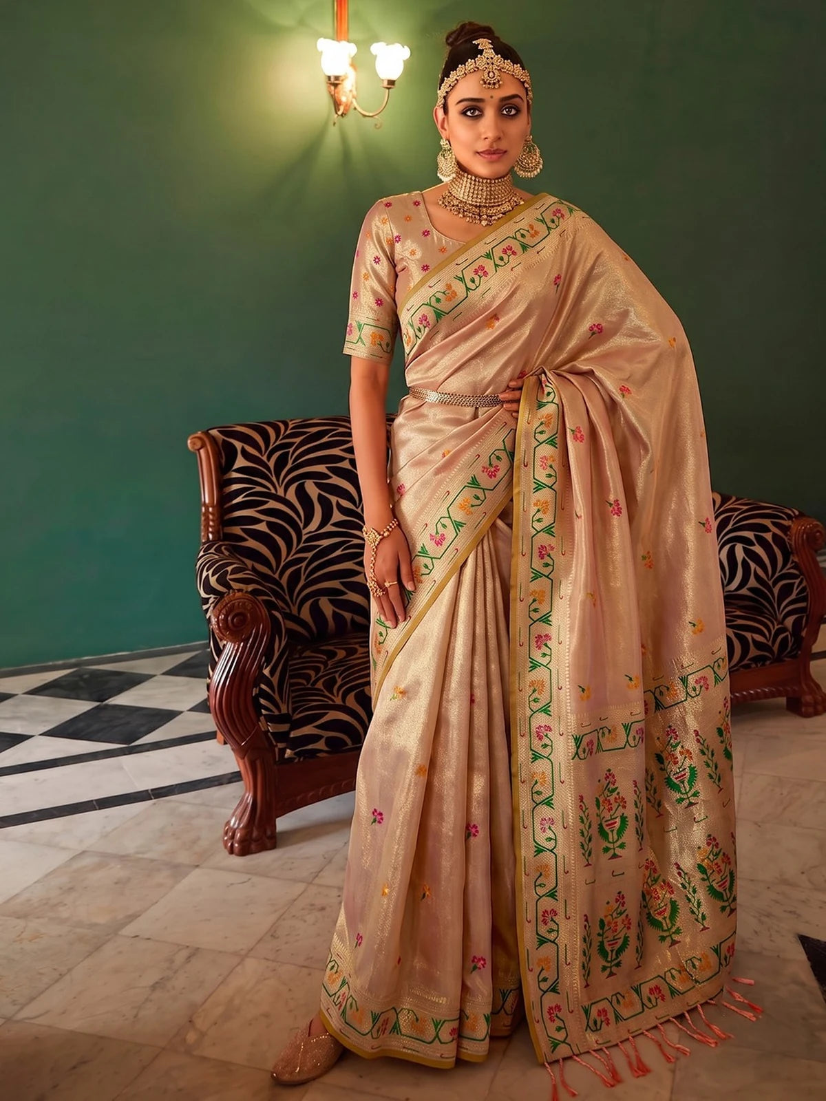Tarani Kashmira beige tissue silk saree front view with woven floral border and designer pallu