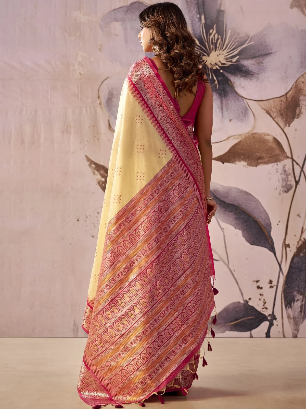 Tarani cream tissue silk saree with zari weaving border and jacquard pallu back-view