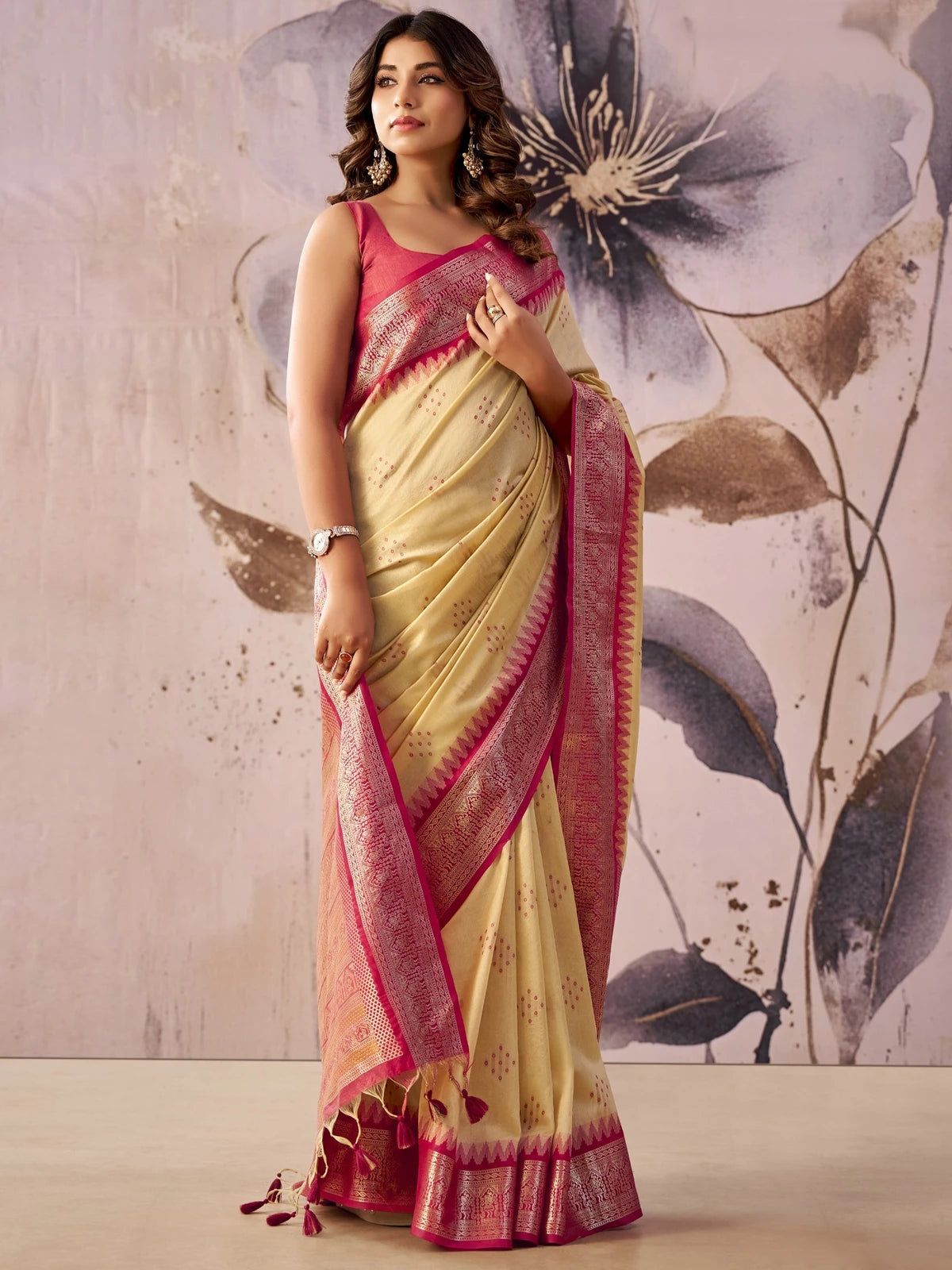 Tarani cream tissue silk saree with zari weaving border and jacquard pallu front-view