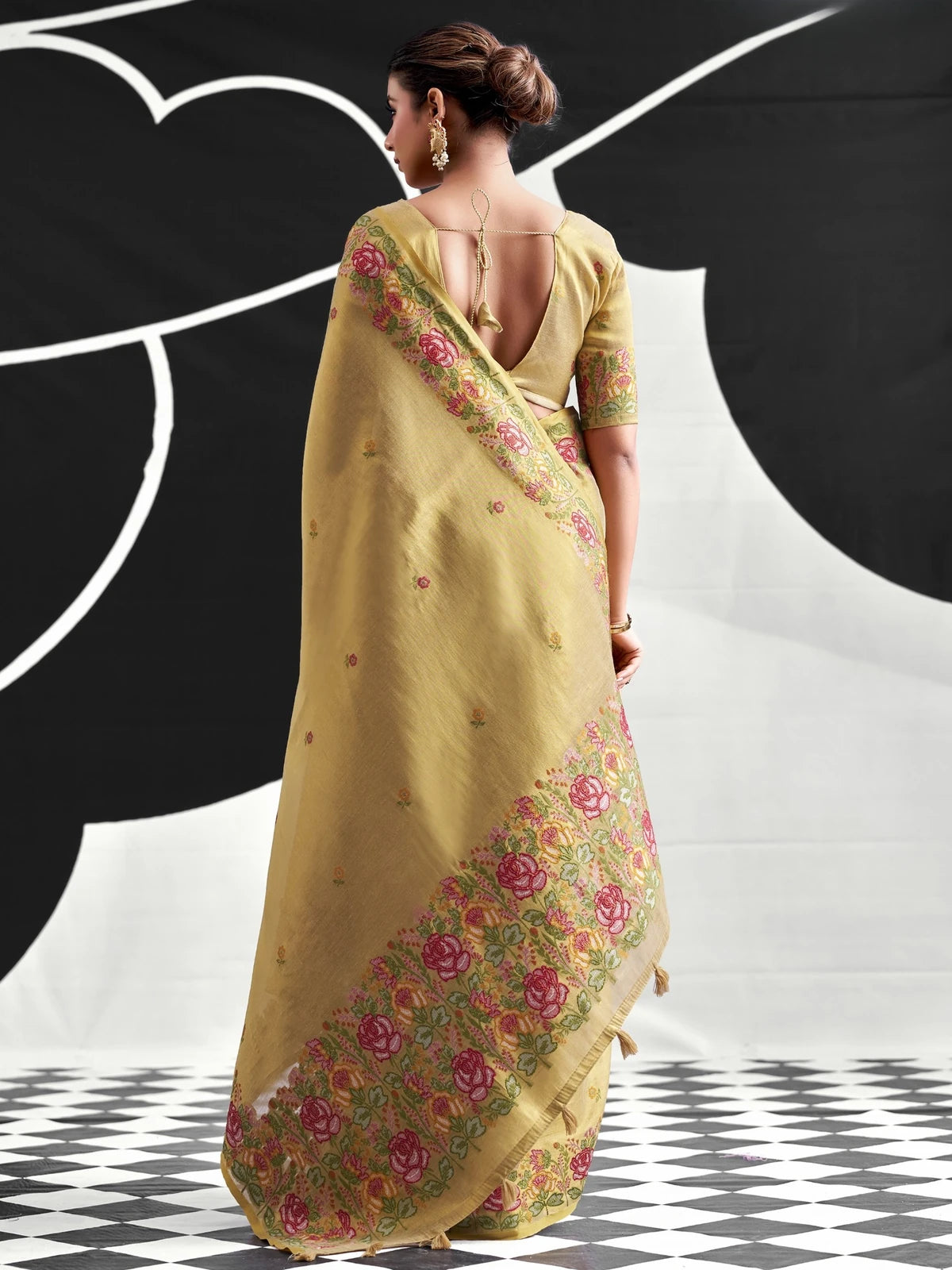 Tarani golden tissue silk saree back view showing pallu Bhavya