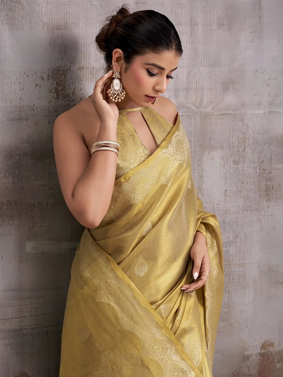 Tarani golden tissue silk saree with woven border closeup view for party festive and wedding wear