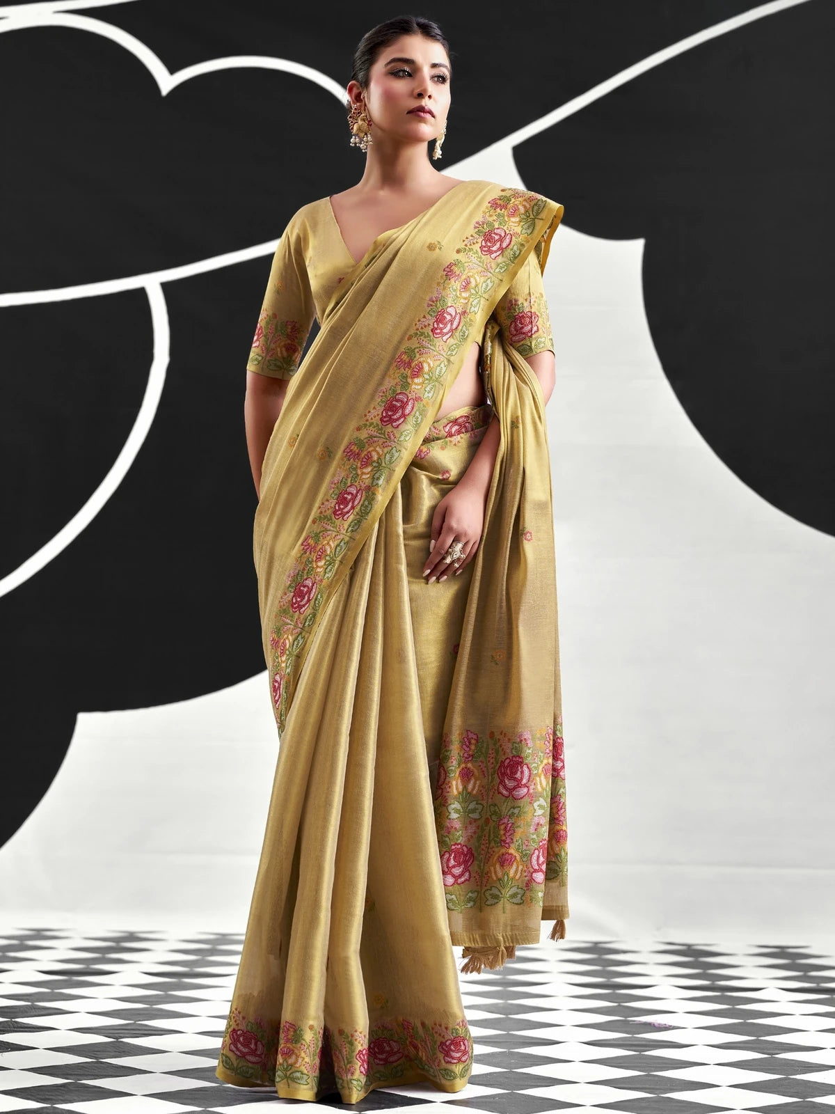 Tarani golden tissue silk saree front view floral border Bhavya