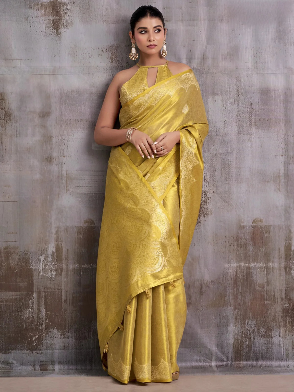 Tarani golden Tissue Silk saree full view with elegant woven border and unstitched blouse piece
