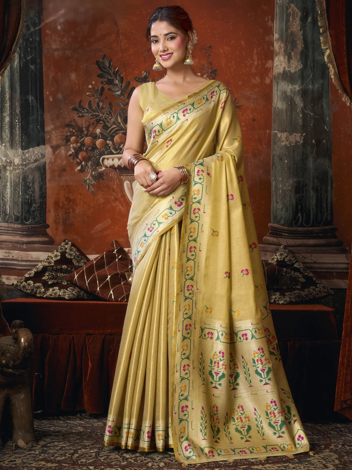 Tarani premium golden tissue silk saree full view with Paithani pallu and floral woven border