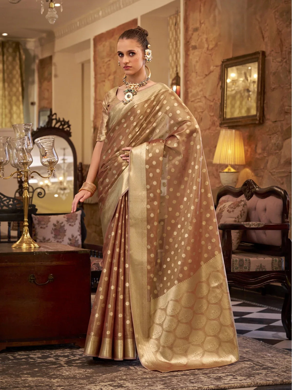 Tarani golden tissue silk saree in full view with rich zari weave and classic buti, ideal for festive and party wear