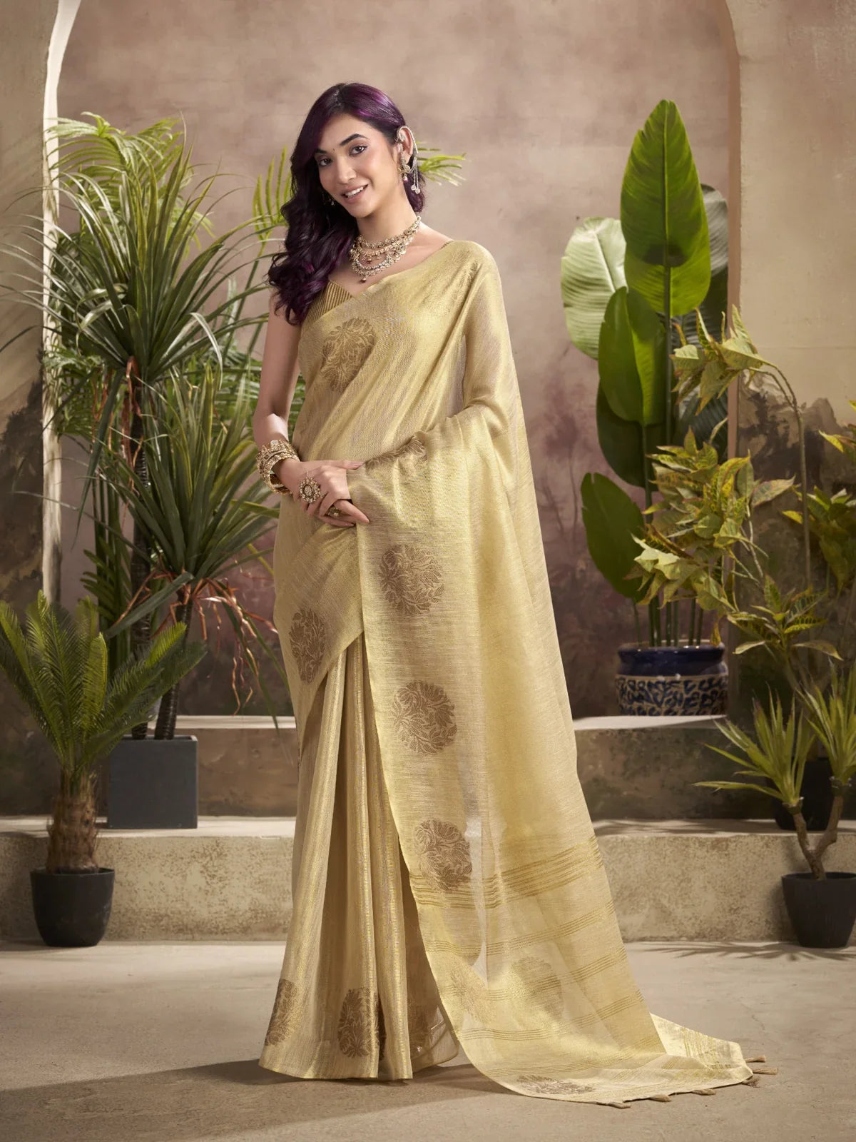 Tarani golden tissue silk saree with woven butta full view traditional attire