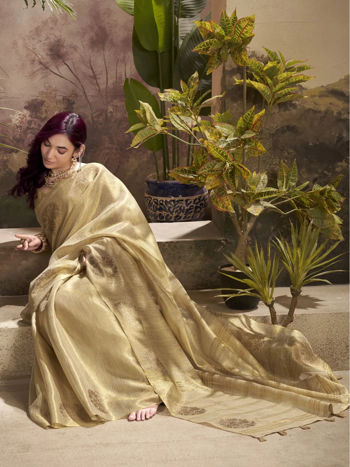 Tarani golden tissue silk saree with woven butta pallu view festive saree
