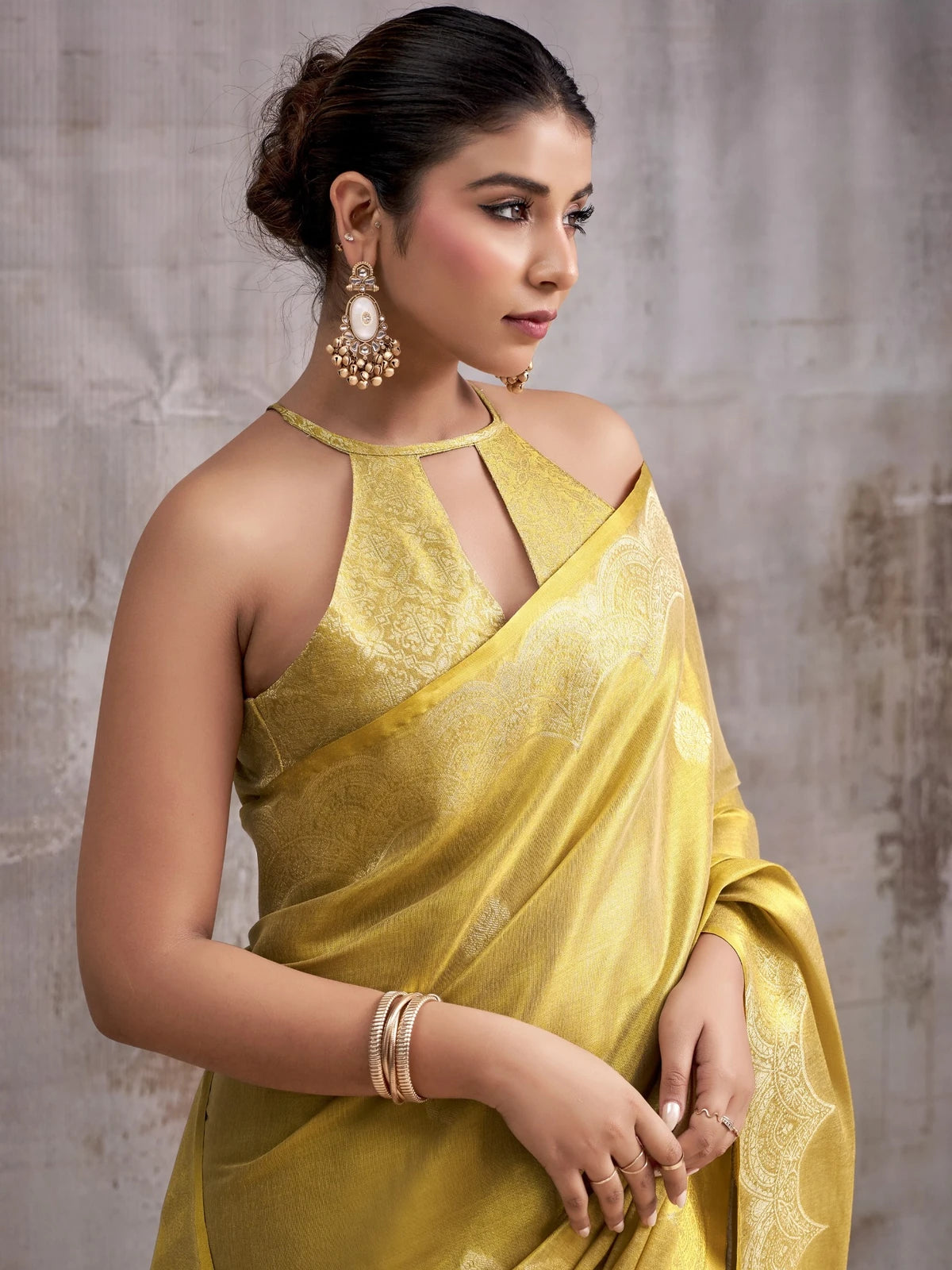 Tarani golden Tissue Silk saree side view displaying border detailing and elegant silhouette