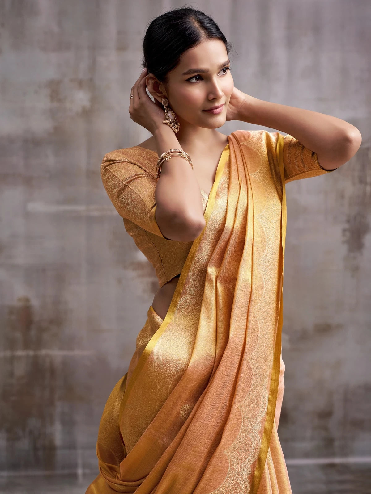 Tarani golden tissue silk saree side view highlighting border and drape