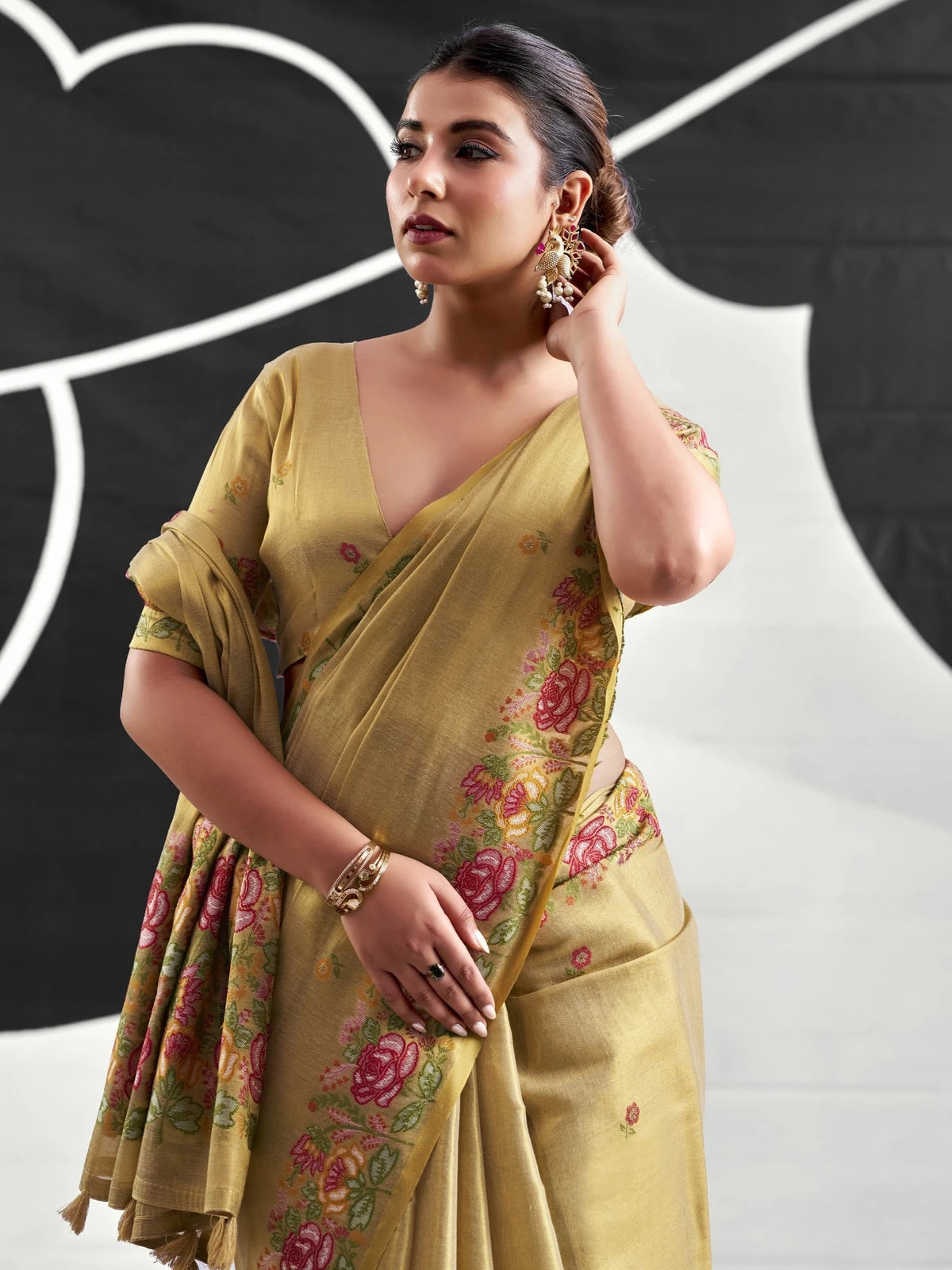 Tarani golden tissue silk saree upper body view with floral border Bhavya