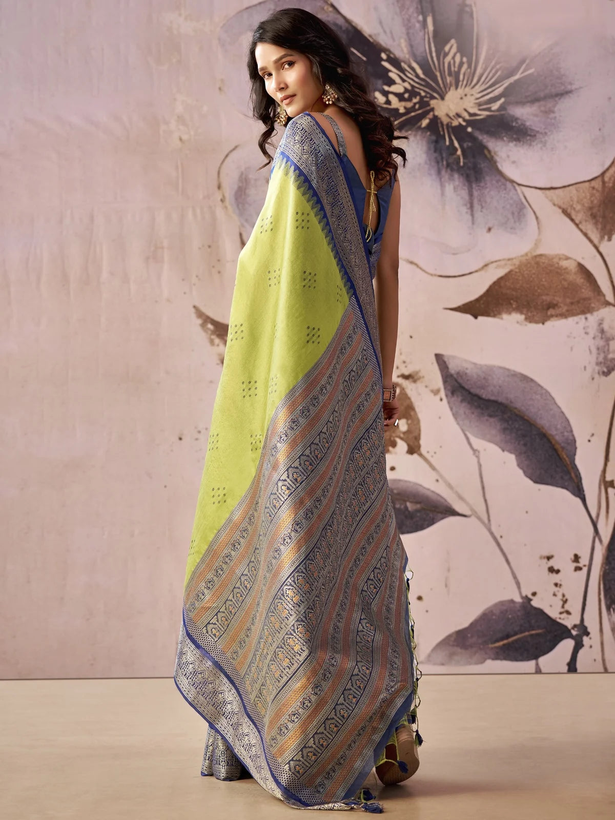 Tarani green tissue silk saree back-view