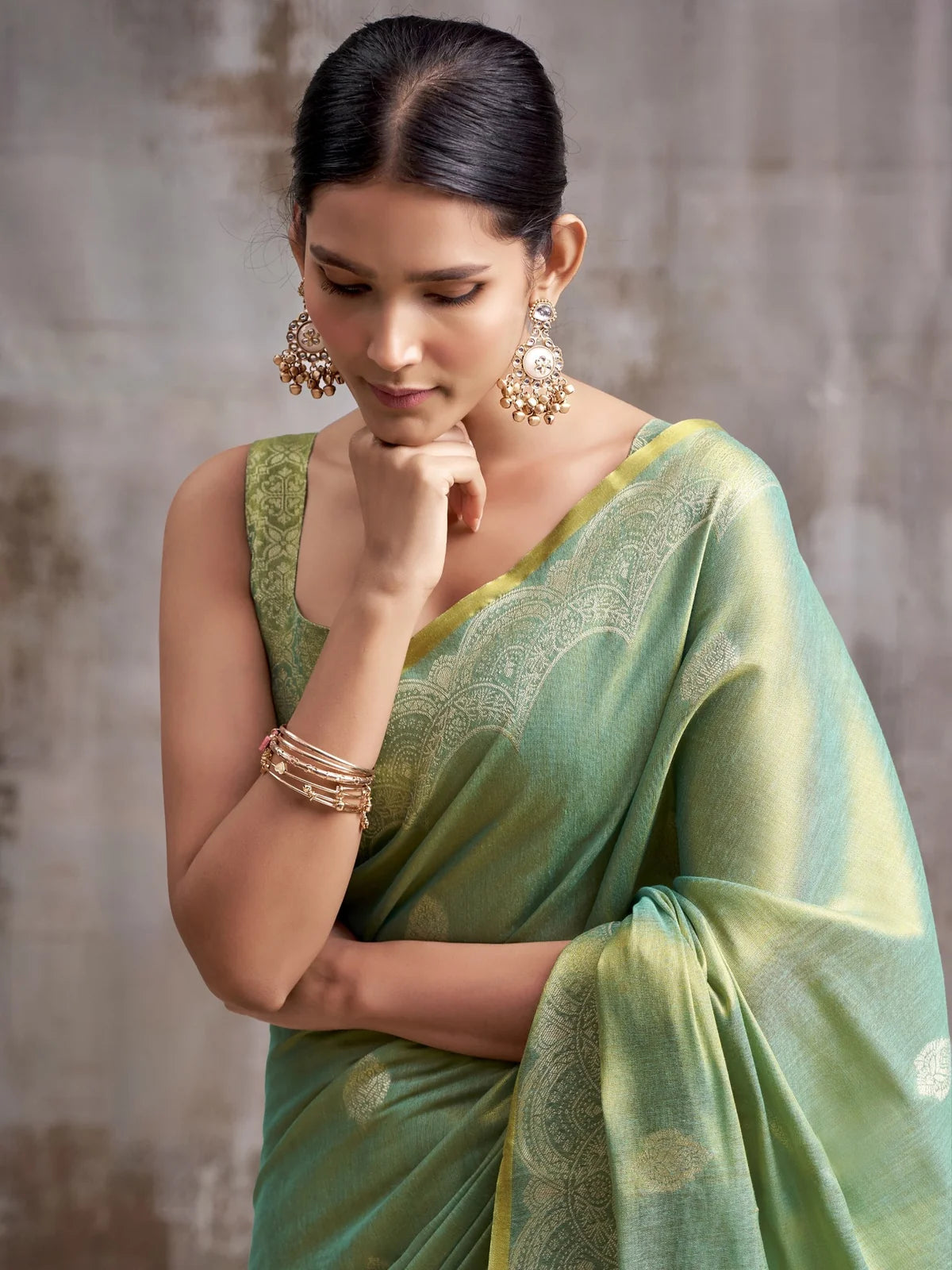 Tarani green tissue silk saree closeup showing border detailing
