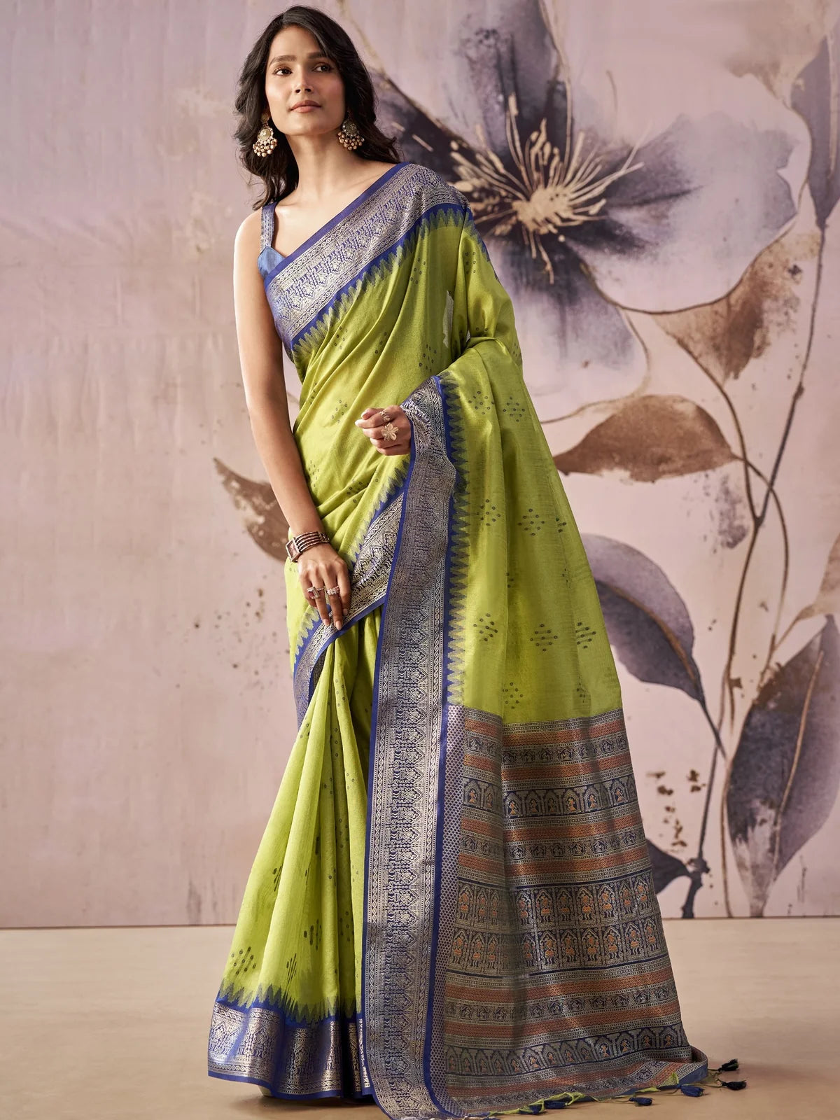 Tarani green tissue silk saree front-view