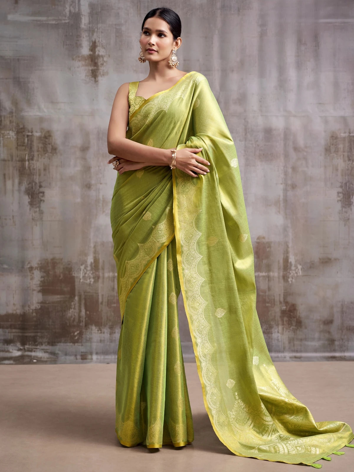 Tarani green tissue silk saree full view with woven border and unstitched blouse